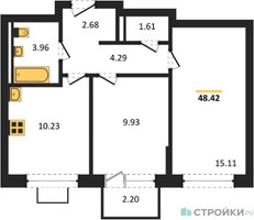 Планировка двухкомнатной(квартира) площадью 48.42 квадратных метров в “ЖК Богдановский Лес”