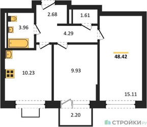 Планировка двухкомнатной(квартира) площадью 48.42 квадратных метров в ЖК “ЖК Богдановский Лес”