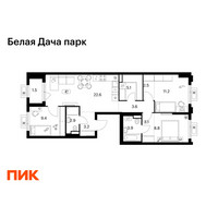 Планировка трехкомнатной(квартира) площадью 77.8 квадратных метров в “ЖК Белая Дача парк”