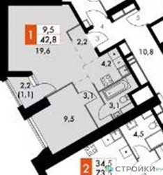 Планировка однокомнатной(квартира) площадью 42.8 квадратных метров в ЖК “ЖК Архитектор”