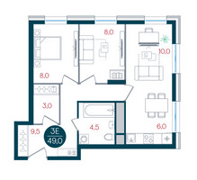 Планировка трехкомнатной(квартира) площадью 49 квадратных метров в “ЖК РУСИЧ-Кантемировский”