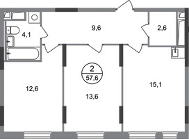 Планировка двухкомнатной(квартира) площадью 57.6 квадратных метров в “ЖК Переделкино Ближнее”