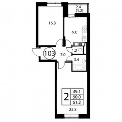 Планировка двухкомнатной(квартира) площадью 61.2 квадратных метров в ЖК “ЖК Космос”