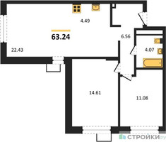 Планировка двухкомнатной(квартира) площадью 63.8 квадратных метров в “ЖК Новоград Павлино”