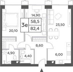 Планировка трехкомнатной(квартира) площадью 82.4 квадратных метров в ЖК “ЖК Will Towers (Вилл Тауэрс)”
