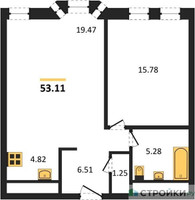 Планировка однокомнатной(апартаменты) площадью 52.5 квадратных метров в “ЖК GloraX Premium Белорусская (Глоракс Премиум)”