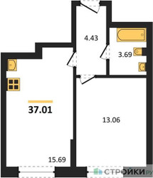 Планировка однокомнатной(квартира) площадью 37.01 квадратных метров в ЖК “ЖК Дюна”