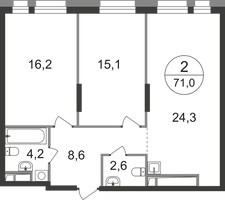 Планировка двухкомнатной(квартира) площадью 71 квадратных метров в “ЖК Первый Московский”