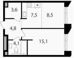 Планировка однокомнатной(квартира) площадью 43.6 квадратных метров в “ЖК Петровский парк II”