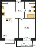 Планировка однокомнатной(квартира) площадью 38.22 квадратных метров в “ЖК Одинбург”