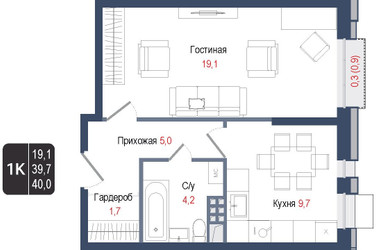 Планировка однокомнатной(квартира) площадью 39.7 квадратных метров в ЖК “ЖК КИНОКВАРТАЛ”