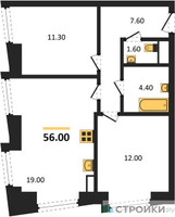Планировка двухкомнатной(квартира) площадью 56 квадратных метров в “ЖК Обручева 30”