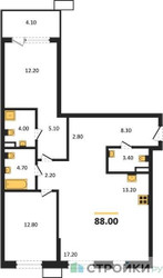 Планировка двухкомнатной(квартира) площадью 88 квадратных метров в ЖК “ЖК Дзен-кварталы”