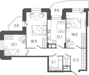 Планировка трехкомнатной(квартира) площадью 89.6 квадратных метров в ЖК “ЖК Советская 18”