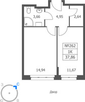 Планировка однокомнатной(апартаменты) площадью 37.86 квадратных метров в “ЖК Волковская 67”