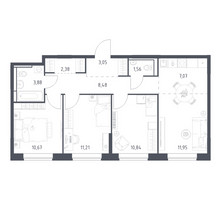 Планировка трехкомнатной(квартира) площадью 71.09 квадратных метров в “ЖК Богдановский Лес”