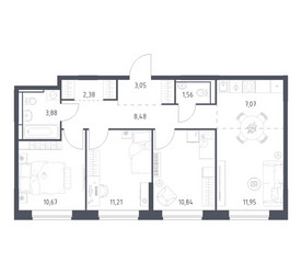 Планировка трехкомнатной(квартира) площадью 71.09 квадратных метров в ЖК “ЖК Богдановский Лес”