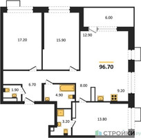 Планировка трехкомнатной(квартира) площадью 96.7 квадратных метров в “ЖК Бунинские кварталы”
