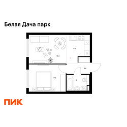 Планировка однокомнатной(квартира) площадью 38 квадратных метров в ЖК “ЖК Белая Дача парк”