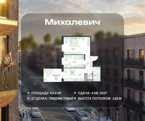Планировка двухкомнатной(квартира) площадью 63.6 квадратных метров в ЖК “ЖК Михалевич”