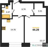 Планировка однокомнатной(квартира) площадью 44.29 квадратных метров в “ЖК Sezar City (Сезар Сити)”