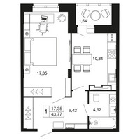Планировка однокомнатной(квартира) площадью 43.7 квадратных метров в “ЖК Времена года”