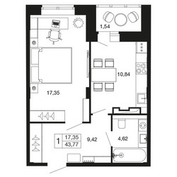 Планировка однокомнатной(квартира) площадью 43.7 квадратных метров в ЖК “ЖК Времена года”
