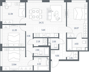 Планировка 4+ комнатной(квартира) площадью 109.77 квадратных метров в ЖК “ЖК TATE (Тэйт)”