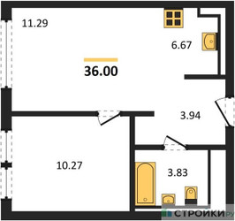Планировка однокомнатной(квартира) площадью 36 квадратных метров в ЖК “ЖК Остафьево”