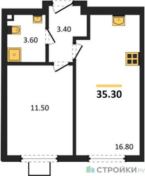 Планировка однокомнатной(квартира) площадью 35.3 квадратных метров в ЖК “ЖК Лучи-2”