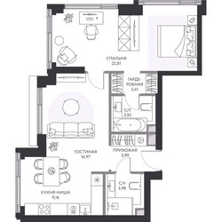 Планировка двухкомнатной(квартира) площадью 64 квадратных метров в ЖК “ЖК Hide (Хайд)”