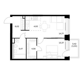 Планировка однокомнатной(квартира) площадью 50.15 квадратных метров в ЖК “ЖК НОВА”