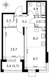 Планировка двухкомнатной(квартира) площадью 48.1 квадратных метров в ЖК “ЖК 1-й Саларьевский (Первый Саларьевский)”