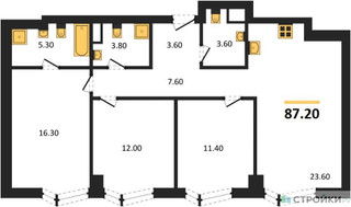 Планировка трехкомнатной(квартира) площадью 87.2 квадратных метров в “ICE TOWERS (Айс Тауэрс)”