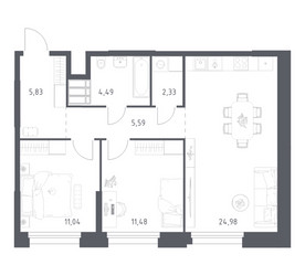 Планировка двухкомнатной(апартаменты) площадью 65.74 квадратных метров в ЖК “ЖК Апарт-отель Тропарево парк”
