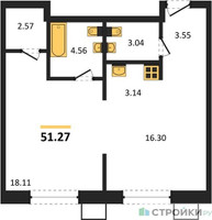 Планировка однокомнатной(квартира) площадью 51.27 квадратных метров в “ЖК EvoPark Сокольники”
