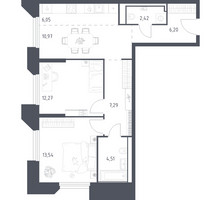 Планировка двухкомнатной(апартаменты) площадью 63.25 квадратных метров в “ЖК Скай Спутник”