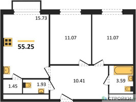 Планировка двухкомнатной(квартира) площадью 55.25 квадратных метров в “ЖК Квартал Румянцево (МелиСад)”