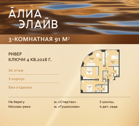 Планировка трехкомнатной(квартира) площадью 91 квадратных метров в ЖК “ЖК АЛИА”
