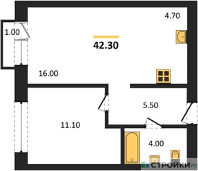 Планировка однокомнатной(квартира) площадью 42.3 квадратных метров в ЖК “ЖК Квартал Метроном”