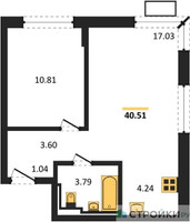 Планировка однокомнатной(квартира) площадью 40.51 квадратных метров в “ЖК Прибрежный Парк”
