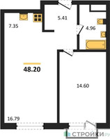Планировка однокомнатной(квартира) площадью 48.2 квадратных метров в “ЖК УНО Соколиная гора”