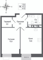 Планировка однокомнатной(квартира) площадью 41.3 квадратных метров в “ЖК КИНОКВАРТАЛ”