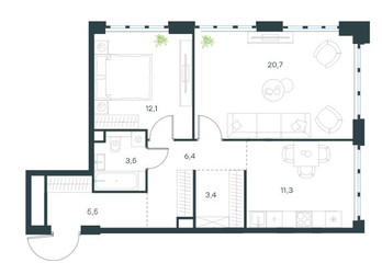 Планировка двухкомнатной(квартира) площадью 62.8 квадратных метров в ЖК “ЖК Level Южнопортовая”