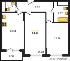 Планировка двухкомнатной(квартира) площадью 54.19 квадратных метров в “ЖК Светлый мир БиоПолис”