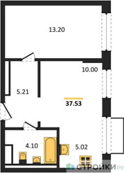 Планировка однокомнатной(квартира) площадью 37.53 квадратных метров в ЖК “ЖК Квартал Домашний”