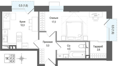 Планировка однокомнатной(квартира) площадью 41.4 квадратных метров в ЖК “ЖК КИНОКВАРТАЛ”