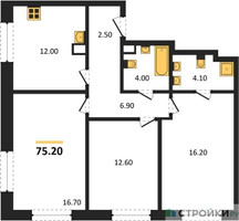 Планировка трехкомнатной(квартира) площадью 75.2 квадратных метров в “ЖК Shagal (Шагал)”