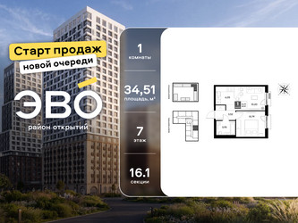 Планировка однокомнатной(квартира) площадью 34.51 квадратных метров в ЖК “ЖК ЭВО”