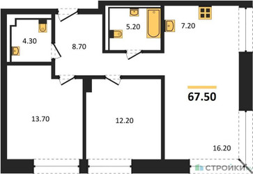 Планировка двухкомнатной(квартира) площадью 67.5 квадратных метров в ЖК “ЖК INJOY (Инджой)”